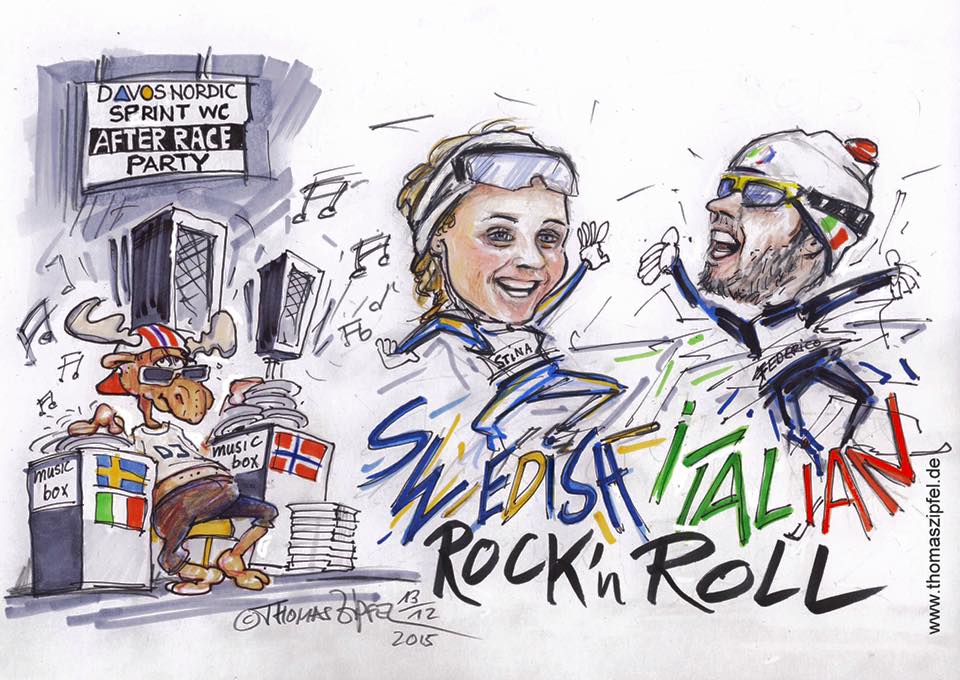 I vincitori di Davos Federico Pellegrino e Stina Nillson in un disegno del celebre Thomas Zipfel